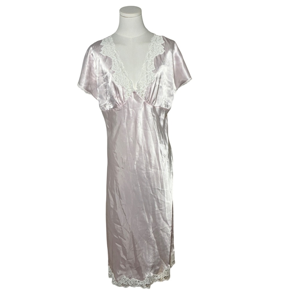 Jones New York Satin Nightgown Lace Trim V Neck Pink Large Romantic Coquette